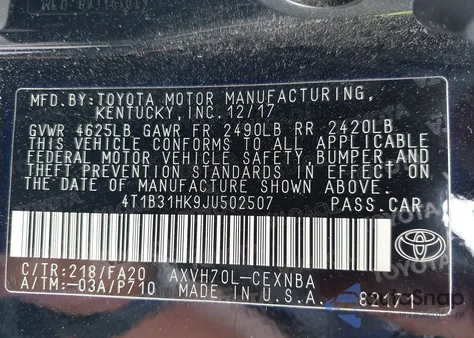 2018 Toyota Camry Hybrid Le из США, поврежденный, VIN 4T1B31HK9JU502507